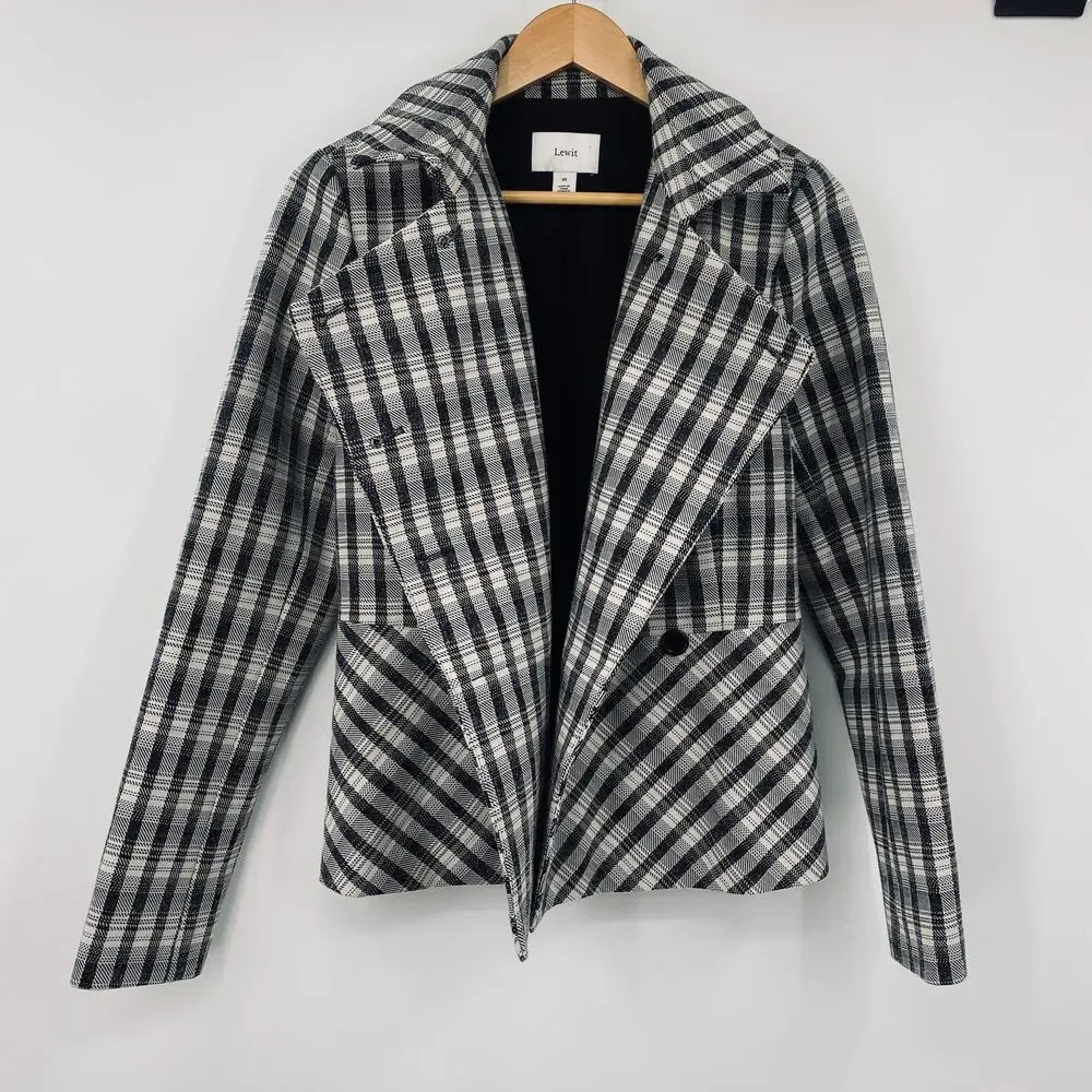Lewit Chandler Plaid Peplum Jacket Blazer Wool Blend Black Beige Womens Medium